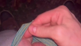 Straight Guy Verbal Redhead Jerk and Cum in woods trying not to get Caught Cumshot Public at Park