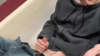 in the bath he jerks off his dick in a warm jacket and cums a lot of sperm