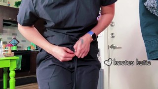 nurse desperately pees in a trash can