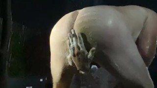Outside shower and wank in the bar