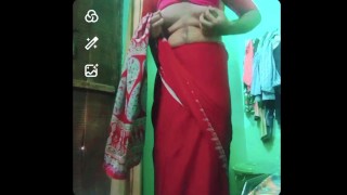 Indian gay Crossdresser xxx nude in red saree showing his bra and boobs🥵