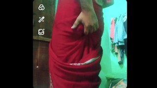 Indian gay Crossdresser xxx nude in red saree showing his bra and boobs🥵