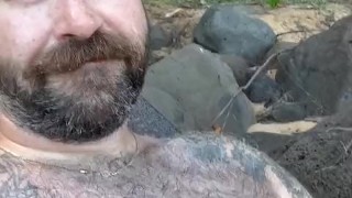 Hairy Dad horny at the beach in a speedo goes home to jerk off and cum