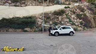 Classy Granny Lucia Kury Has Some Trouble With Her Car But Gets Help From a Young Spanish Lad