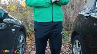 I jerk my uncut cock in a commuter parking lot. Unfortunately, a voyeur then showed up.