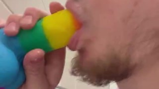 Sucking dildo in gas station bathroom