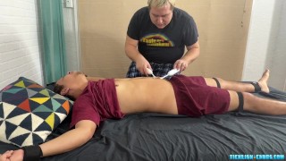 Submissive amateur Sammy tickled all over by dom bear Matt