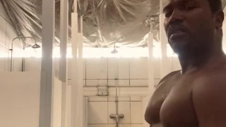 Black big dick jerking in the gym shower