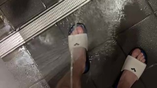 Pissing on Shower Gym. Big White Cock Pissing on Locker Room.