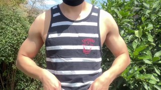 Asian Muscle Guy Jacks Off In Garden