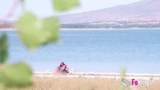Amazing redhead Sofia Santana wants to bang random guys next to the lake!