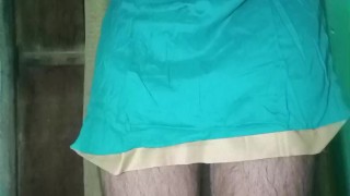 Indian Gay Crossdresser Gaurisissy in blue Salwar Suit pressing his boobs and fingering in his ass