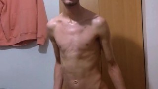 Rubbing oil on my very skinny body and stretching out showing off body features