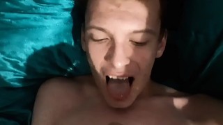 Playing with my uncut cock so that I can cum on my own face