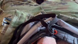Army soldier wears swim trunks under his uniform and jerks off a hot load