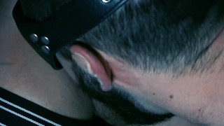 Blindfolded jock sucks random cock while being rimmed