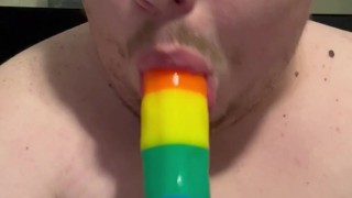 Dad Super Deep Throats HUGE Pride Dildo