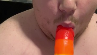 Dad Super Deep Throats HUGE Pride Dildo