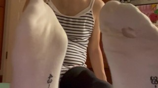 Girly guy showing off his stinky socks toe wiggle