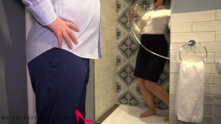 my private secretary in business suit having fun with the boss in the shower