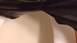 The man ran to the bathroom, but couldn't make it in time and peed himself.