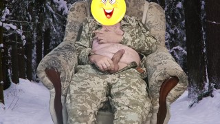 Ukrainian soldier jerks off in the winter forest.
