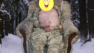 Ukrainian soldier jerks off in the winter forest.