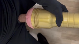 Horny man fucking with dick flashlight toy