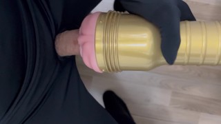 Horny man fucking with dick flashlight toy
