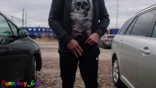 I jerk my fat cock in jocks and finger my asshole in a parking lot. But then a voyeur noticed...