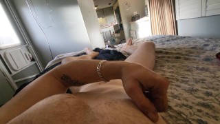 Beefy Canadian farm boy chops the morning wood while waiting for friend