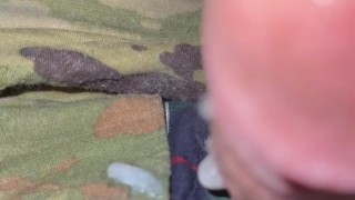 Horny army soldier jerks off in his used boxer shorts shooting a hot load