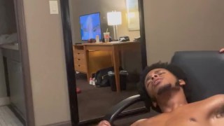 Hung black step son having an intense masturbation session while house keeping is next door 😅