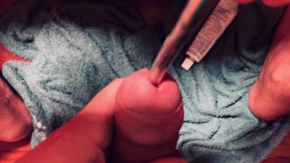 He is stretching his peehole waiting for me to finger his urethra!