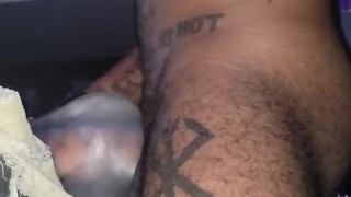 Clear toy tattooed black cock stuffing cumming