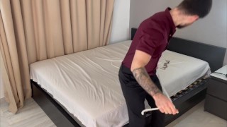 Suited boss self bondage gone wrong