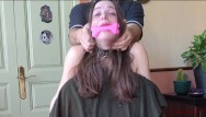 Sex slave handcuffed to a chair cums with a new toy