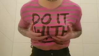 Sissy fucks dildo in pink shirt