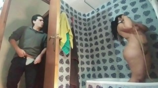 STEPBROTHER CAUGHT MASTURBATING WITH STEPSISTER IN THE SHOWER BUT SHE WANTS HARD COCK