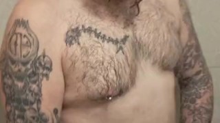 Chubby Scottish Bear in the shower.