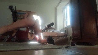 Wearing a leather red catsuit and black boots over the knee i roughly fucked her mouth and pussy