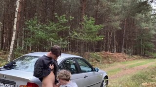 Twink gives a blowjob step bro 24cm big cock outdoor by car