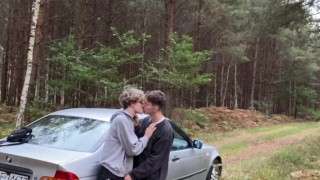 Twink gives a blowjob step bro 24cm big cock outdoor by car