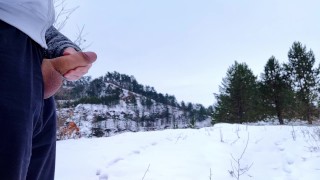 Two big cumshots in a snowy nature, my balls are freezing