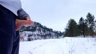 Two big cumshots in a snowy nature, my balls are freezing