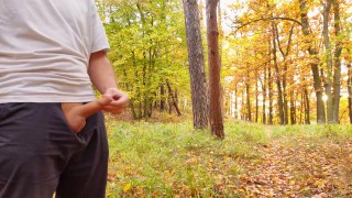 Nice cock cumming in forest in fine rain