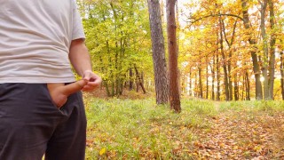 Nice cock cumming in forest in fine rain