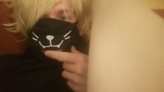 Femboy milks his big cock in his own mouth and swallows
