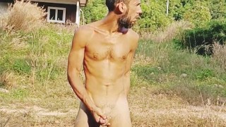 Masturbation in front of a house on a tropical island and super thick cum on a leaf