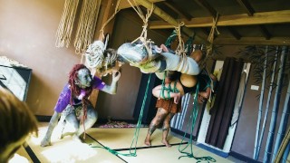 Two Dreadlocks Girls get Suspended while Bondage Shibari Sesion - Private BDSM